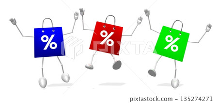 Three jumping cartoon shopping bag with percent signs - 3D illustration Three jumping cartoon shopping bag with percent signs - 3D illustration 135274271