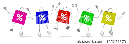 Five jumping cartoon shopping bag with percent signs - 3D illustration 135274273