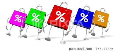 Colorful cartoon shopping bags with percent signs - 3D illustration 135274276