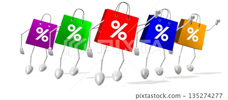 Colorful cartoon shopping bags with percent signs - 3D illustration 135274277