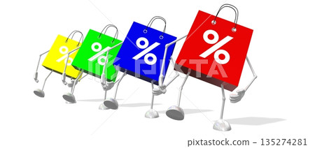 Colorful cartoon shopping bags with percent signs - 3D illustration Colorful cartoon shopping bags with percent signs - 3D illustration 135274281
