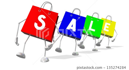 Colorful cartoon shopping bags creating sale word - 3D illustration 135274284