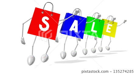 Colorful cartoon shopping bags creating sale word - 3D illustration Colorful cartoon shopping bags creating sale word - 3D illustration 135274285