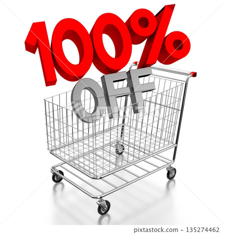 100 percent off, shopping cart - 3D illustration 135274462
