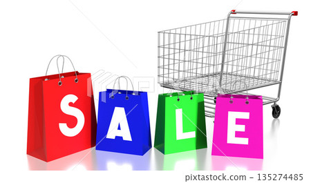 Shopping bags, cart - sale concept - 3D illustration Shopping bags, cart - sale concept - 3D illustration 135274485