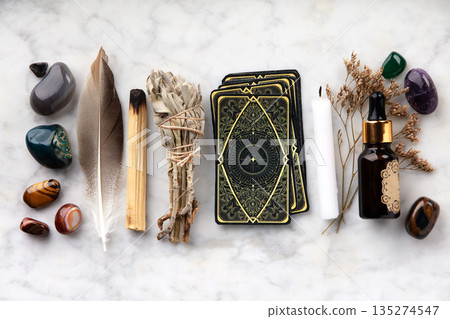 Mystical Flat Lay with Tarot Cards, Crystals, and Ritual Tools Mystical Flat Lay with Tarot Cards, Crystals, and Ritual Tools 135274547