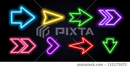Colorful neon glowing arrow icons on black background, designed in vector style for web navigation, digital interfaces, modern technology projects, and creative graphic design elements. 135275072