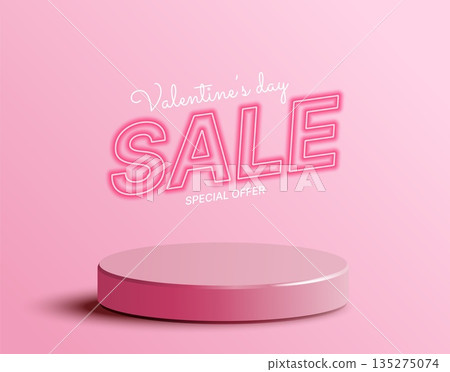 Valentines Day sale special offer banner with glowing neon text and pink podium on soft romantic background. Elegant 3D design for love-themed shopping, holiday promotions, and festive advertising Valentines Day sale special offer banner with glowing neon text and pink podium on soft romantic background. Elegant 3D design for love-themed shopping, holiday promotions, and festive advertising 135275074