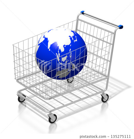 Shopping cart and world map - 3D illustration 135275111