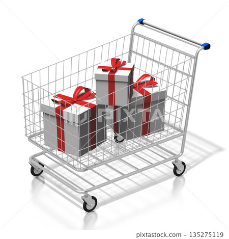 Shopping cart and gift boxes - 3D illustration 135275119