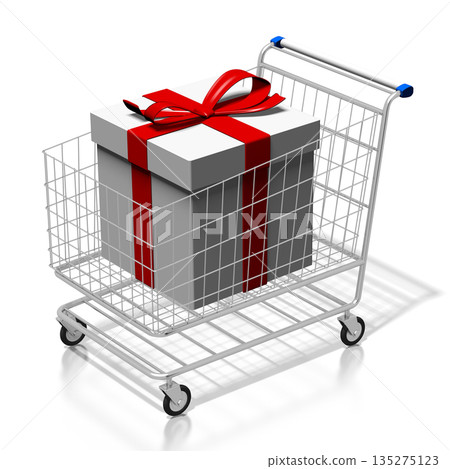 Shopping cart and gift box - 3D illustration 135275123