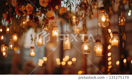 Hanging candles in glass jars with warm flames and floral greenery create a romantic setting for a rustic evening event 135275179