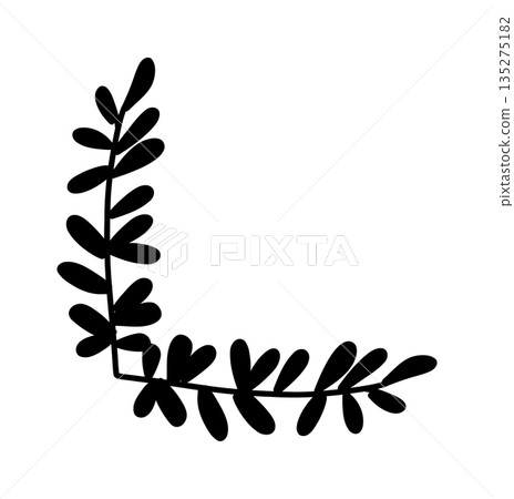 Simple hand-drawn floral corner element, black vector doodle with leaves and buds, perfect for decorative design accents. 135275182