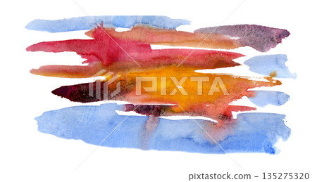 Multicolor watercolor brush strokes in blue, orange and red tones like sunset reflections. Hand drawn isolated illustration for creative branding, travel themes, abstract posters and lifestyle design. 135275320
