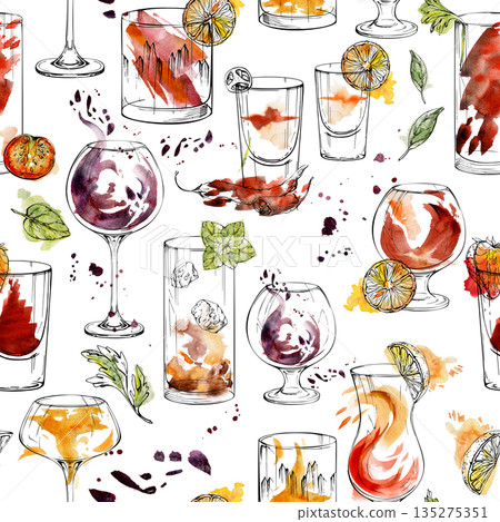 Classic warm cocktail seamless pattern. Old-Fashioned, wine balloons, flatliner shot with chili peppers, Aperol Spritz, Tequila Sunrise. Hand drawn ink-outlined watercolor for creative product design. 135275351