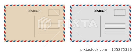 Vector illustration of a blank vintage travel postcard backside with air mail and postage stamp elements. Retro postal design template for address, message, or print mockups. Vector illustration of a blank vintage travel postcard backside with air mail and postage stamp elements. Retro postal design template for address, message, or print mockups. 135275356