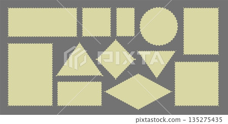 Collection of vintage postage stamp frames with perforated edges on a dark background. Blank square and rectangular templates perfect for postcards, letters, photo frames, and design projects. 135275435