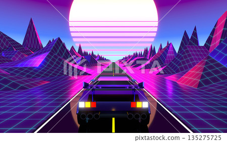 Retro futuristic car on a road with sun and mountains in background Retro futuristic car on a road with sun and mountains in background 135275725