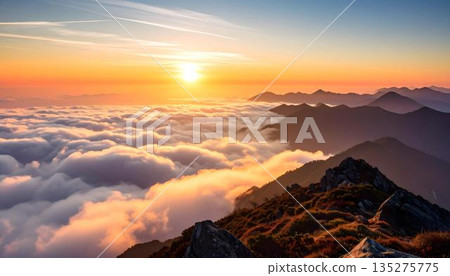 日出時分，雲海與山峰交相輝映。 135275775