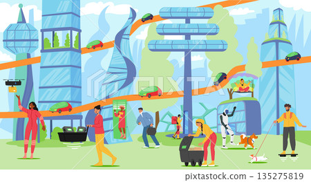 Futuristic smart city featuring diverse citizens and innovative technologies cartoon background Futuristic smart city featuring diverse citizens and innovative technologies cartoon background 135275819