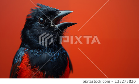 Black bird with open beak against vibrant red background showcases intricate feather details. Concept of wildlife, nature, and avian beauty. 135275820