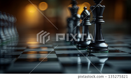 Black chess pieces on reflective board with blurred warm background. Concept of strategy, competition, and leadership. 135275821