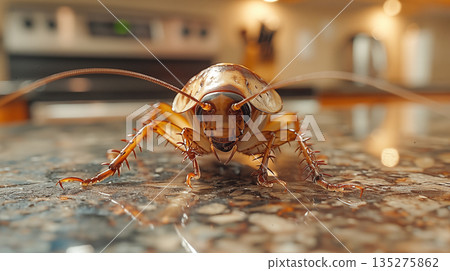 Giant cockroach invading kitchen countertop, showcasing intricate details of insect anatomy in close-up view. Concept of pest control and household hygiene. 135275862