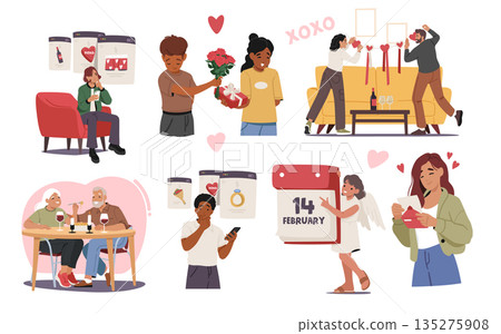Diverse people characters of different ages celebrating Valentines Day isolated cartoon scene set Diverse people characters of different ages celebrating Valentines Day isolated cartoon scene set 135275908