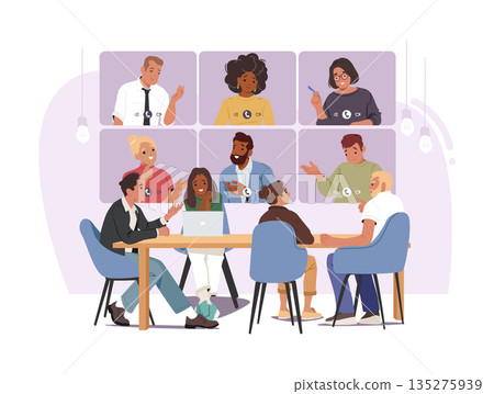 Hybrid work team having office meeting and video conference with remote colleagues cartoon scene 135275939