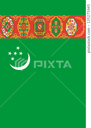 Turkmenistan vertical flag in official colors, dimensions and aspect ratio. Vector flag symbolizing national pride, identity, heritage, patriotism and authority 135275945