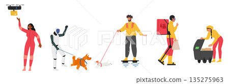 Futuristic city people, robot assistant, deliveryman various activities isolated set on white Futuristic city people, robot assistant, deliveryman various activities isolated set on white 135275963