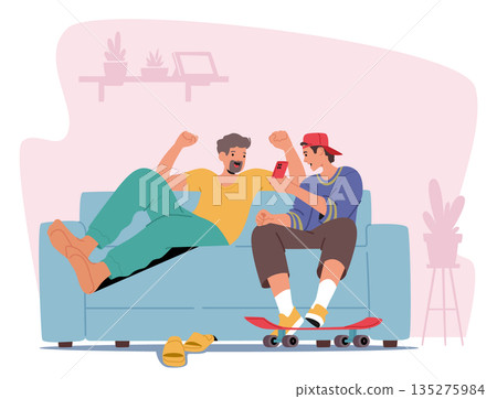 Overjoyed father and his teenage son chatting together while sitting on home sofa cartoon scene Overjoyed father and his teenage son chatting together while sitting on home sofa cartoon scene 135275984