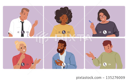 Online meeting window on digital desktop screen featuring teamwork collaboration cartoon scene 135276009