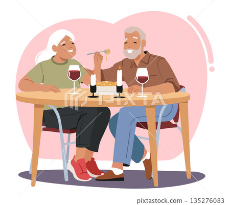 Happy senior couple characters enjoying festive dinner celebrating Valentines Day cartoon scene Happy senior couple characters enjoying festive dinner celebrating Valentines Day cartoon scene 135276083