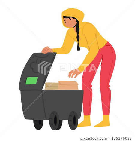 Woman futuristic city citizen using smart delivery box device isolated on white background 135276085