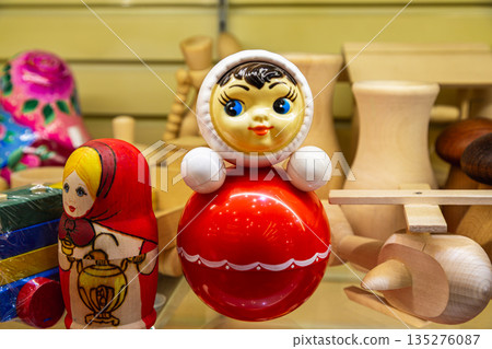 Traditional Russian roly-poly toy. Tumbler, happy childhood, nostalgia. Traditional Russian roly-poly toy. Tumbler, happy childhood, nostalgia. 135276087