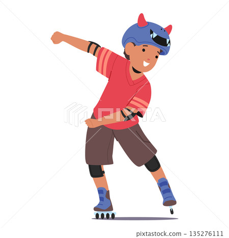 Active boy child cartoon character wearing protective cute helmet rollerblading isolated on white Active boy child cartoon character wearing protective cute helmet rollerblading isolated on white 135276111