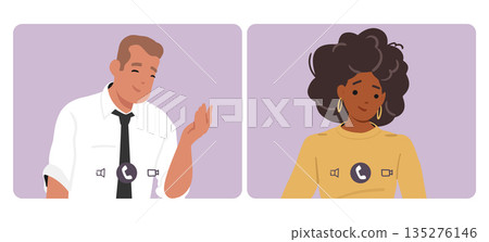 Cartoon desktop screen featuring video conference with diverse colleagues global collaboration Cartoon desktop screen featuring video conference with diverse colleagues global collaboration 135276146