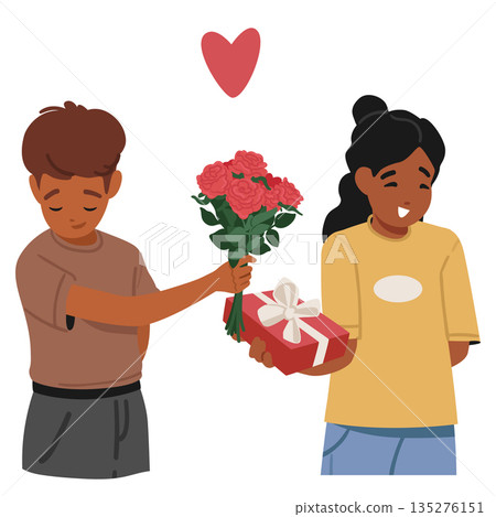 Cute preteen girl and boy exchanging gifts on Valentines Day with emotion of shy and happy Cute preteen girl and boy exchanging gifts on Valentines Day with emotion of shy and happy 135276151