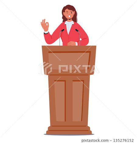 Satisfied female politician cartoon character gesturing ok sign at tribune isolated on white Satisfied female politician cartoon character gesturing ok sign at tribune isolated on white 135276152