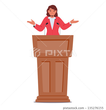 Confused female politician cartoon character with doubt emotion at podium isolated on white Confused female politician cartoon character with doubt emotion at podium isolated on white 135276155