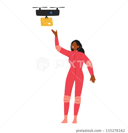 Woman futuristic smart city citizen receiving postal pack delivered by drone isolated on white Woman futuristic smart city citizen receiving postal pack delivered by drone isolated on white 135276162