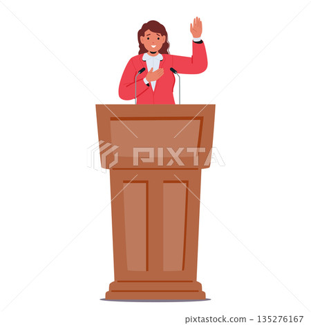 Female politician cartoon character with her hand raised taking oath before speech at podium Female politician cartoon character with her hand raised taking oath before speech at podium 135276167
