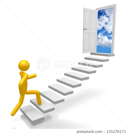 Cartoon character walking up a steps - 3D illustration Cartoon character walking up a steps - 3D illustration 135276171