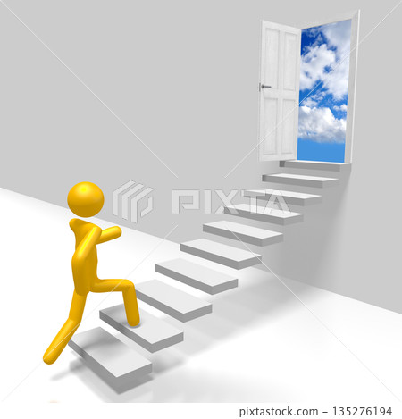 Cartoon character walking up a steps - 3D illustration Cartoon character walking up a steps - 3D illustration 135276194