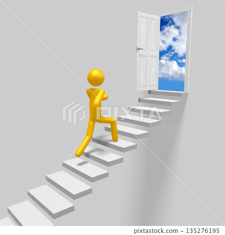 Cartoon character walking up a steps - 3D illustration Cartoon character walking up a steps - 3D illustration 135276195