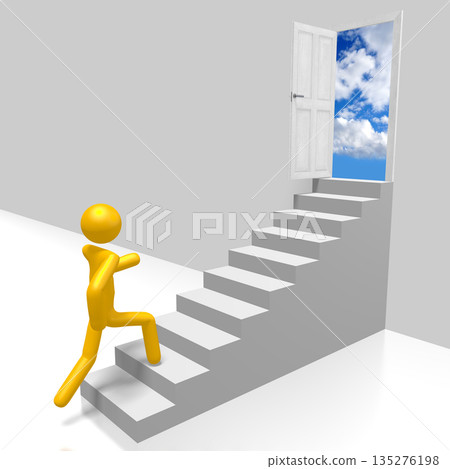 Cartoon character walking up a steps - 3D illustration Cartoon character walking up a steps - 3D illustration 135276198