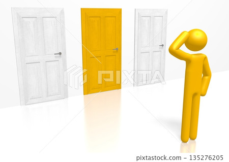 Cartoon character standing in front of doors - choice concept - 3D illustration Cartoon character standing in front of doors - choice concept - 3D illustration 135276205