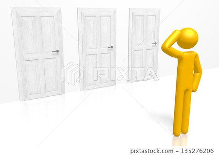 Cartoon character standing in front of doors - choice concept - 3D illustration Cartoon character standing in front of doors - choice concept - 3D illustration 135276206