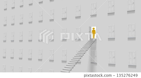 3D cartoon character, steps, doors 135276249